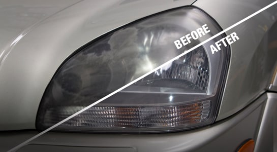 Headlight Restoration: before cloudy lense vs clear after lense