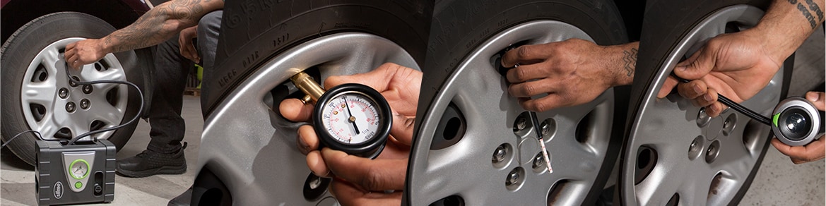 hands checking tire pressure with different tools