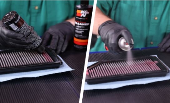 Auto parts professional applying oil to an engine air filter