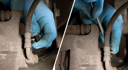 Removing brake bleeder valve cap to bleed brake line