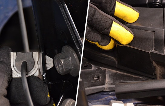 Close up side-by-side images of the wheel speed sensor harness clip and the service panel being reinstalled