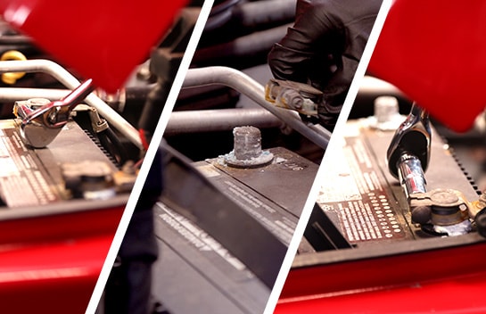 In three images, our expert disconnects the negative battery cable and then the positive cable, in that order.