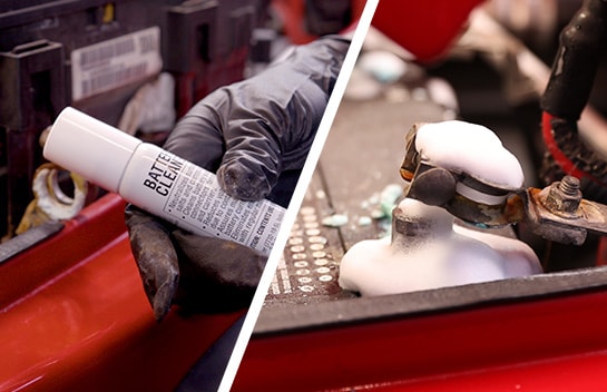 In two images, our expert holds a small spray can of battery cleaner and sprays it onto the battery.
