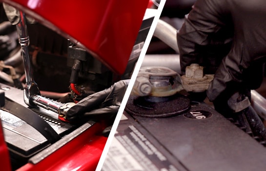 In two images, our expert reattaches the battery cables, starting with the positive cable and then the negative cable. 