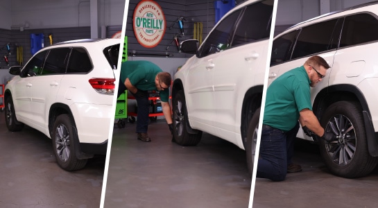 In three images, our O’Reilly expert chocks the wheels of a 2017 Toyota Highlander and uses a lug wrench to loosen the nuts on the back wheels.