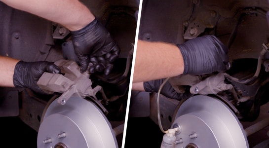 In two images, the bleeder tool is attached to the vehicle.