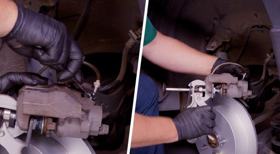 Our expert uses a compressor tool and old brake pad to compress the brake caliper.