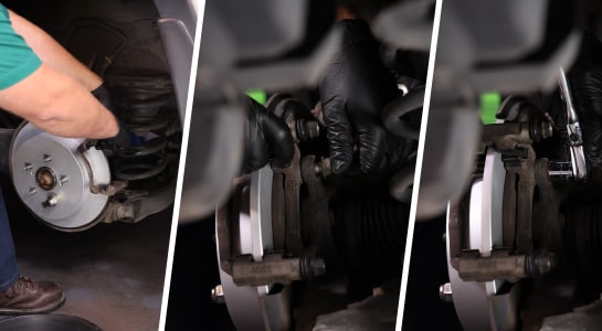In three images, the caliper bolts are reinstalled.