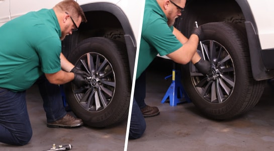 The wheel is reinstalled and the lug nuts are tightened with a torque wrench.