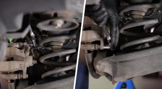 In two images, a ratchet and a socket is used to remove the caliper bolts underneath the vehicle.
