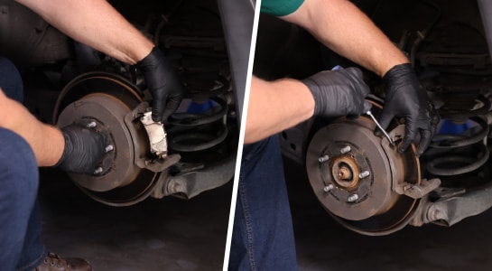 In two images, the Highlander’s old brake pads are removed.