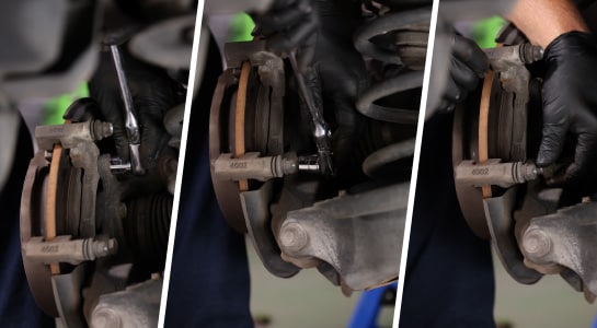 In three images, a ratchet and socket is used to remove the caliper bracket bolts.