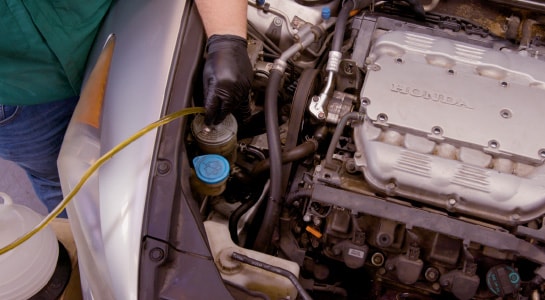Professional Parts Person Siphoning the Power Steering Fluid into a reservoir