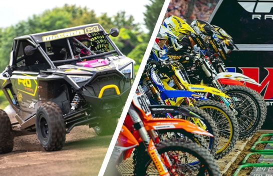 In two images, a black ATV being driven on a dirt road, and five riders on their motorcycles lined up at the starting box of a race.