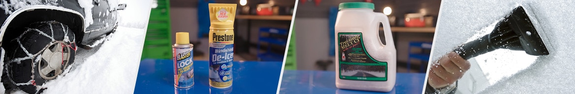 Tire Chains, De-Icer, Ice Melt, and Ice Scrapers
