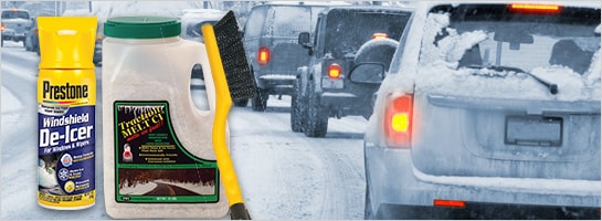 Winter weather products against a background of a snowy, heavy traffic road.