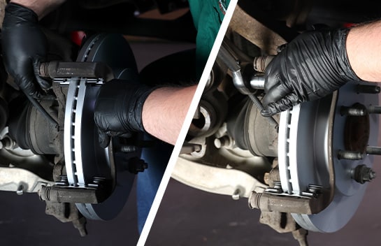 Auto parts professional reinstalling a Ford F-150 caliper bracket