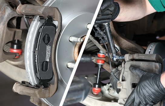 Auto parts professional installing new brake pads on a Ford F-150