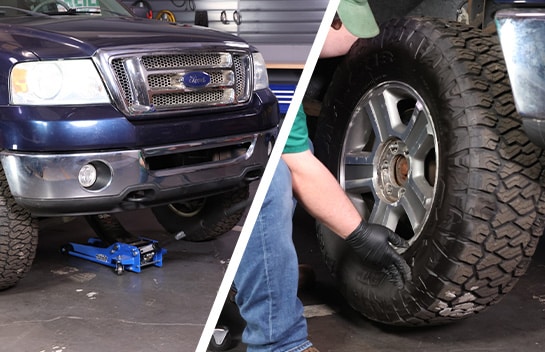 Auto parts professional removing a front wheel on a Ford F-150