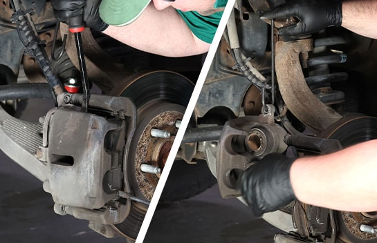 Auto parts professional detaching and hanging a Ford F-150 caliper housing