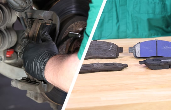 Auto parts professional removing old brake pads on a Ford-F-150