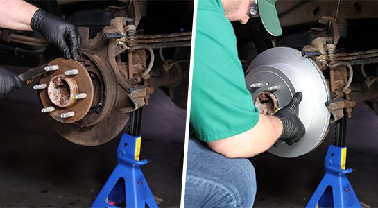 Auto parts professional installing a new rotor on a Ford F-150