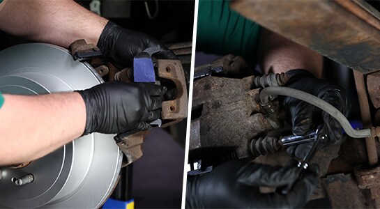 Auto parts professional installing new brake pads on a Ford F-150