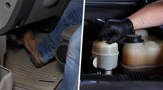 Auto parts professional pumping the brakes on a Ford F-150