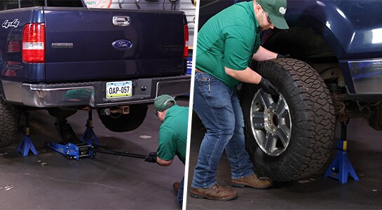 Auto parts professional removing a rear wheel on a Ford F-150