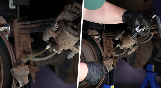 Auto parts professional using a compressor tool on a Ford F-150