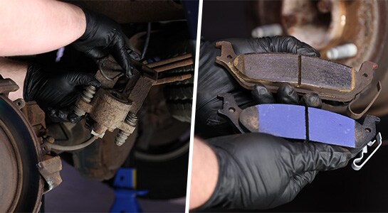 Auto Parts professional comparing an old and new brake pad