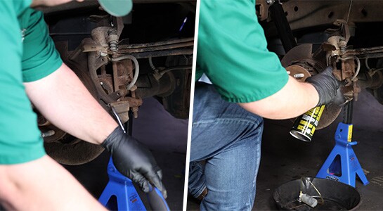 Auto parts professional cleaning and inspecting a caliper bracket on Ford F-150