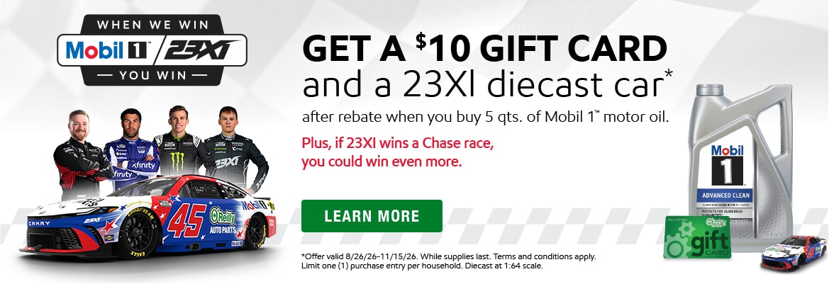Get a $10 gift card and a 23XL diecast car after rebate when you buy 5 quarts of Mobil 1 motor oil.