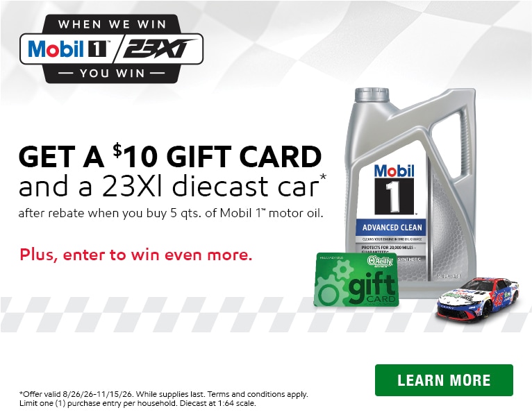 Get a $10 gift card and a 23XL diecast car after rebate when you buy 5 quarts of Mobil 1 motor oil.