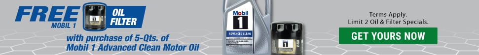 Free Mobil 1 Oil Filter with purchase of 5-Qts. of Mobil 1 Advanced Clean Motor Oil. Terms Apply. Limit 2 Oil & Filter Specials. Get Yours Now.