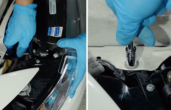 A two image split of the new headlight assembly being installed.