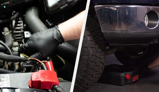 Auto parts professional removing an oil fill cap and positioning a drain pan