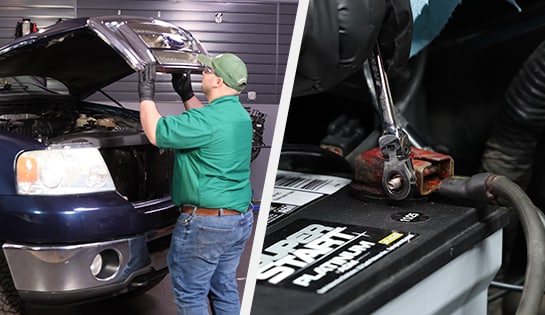 Auto parts professional opening a Ford F-150 hood and disconnecting a negative battery cable 