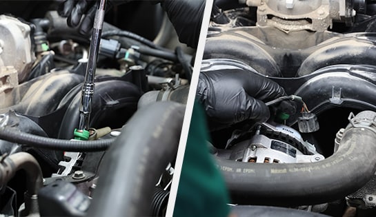 Auto parts professional disconnecting the wiring harness connector from an alternator