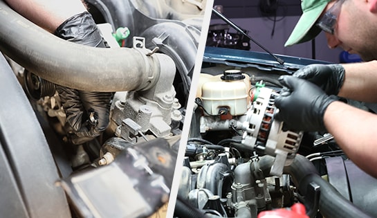 Auto parts professional lifting an old alternator out of a Ford F-150 engine bay
