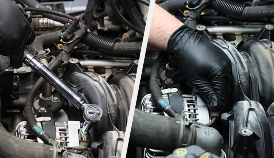 Auto parts professional reconnecting wiring harness on a Ford F-150