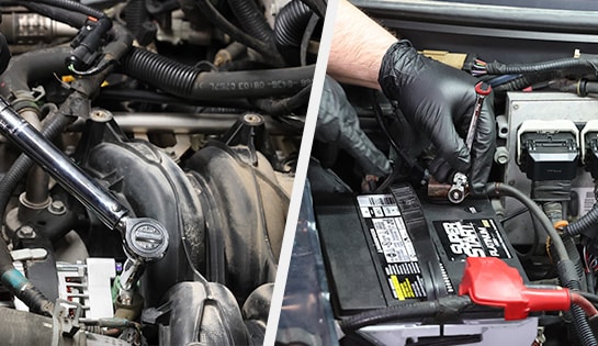 Auto parts professional reinstalling the air intake and re-attaching the negative battery cable on a Ford F-150