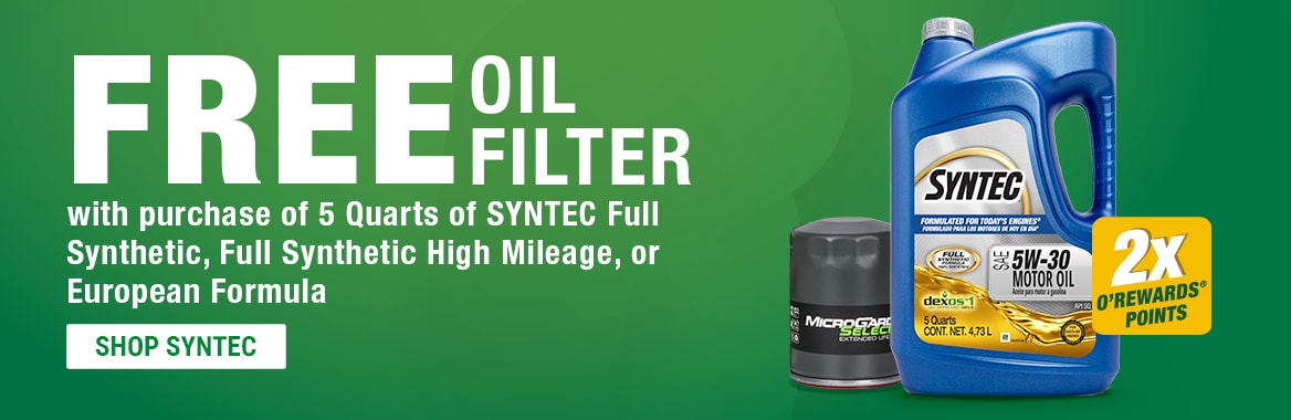 Free Oil Filter with purchase of 5 Quarts of SYNTEC Full Synthetic, Full Synthetic High Mileage, or European Formula . Shop Syntec