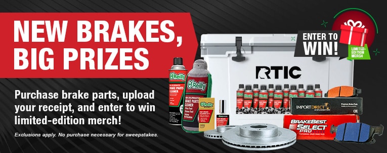 New Brakes, Big Prizes.  Purchase brake parts, upload your receipt, and enter to win limited-edition merch! exclusions apply . no purchase necessary for sweepstakes.